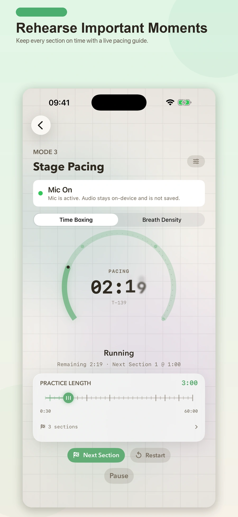 TalkMirror Stage Pacing Time Boxing screen with a circular timer and duration control