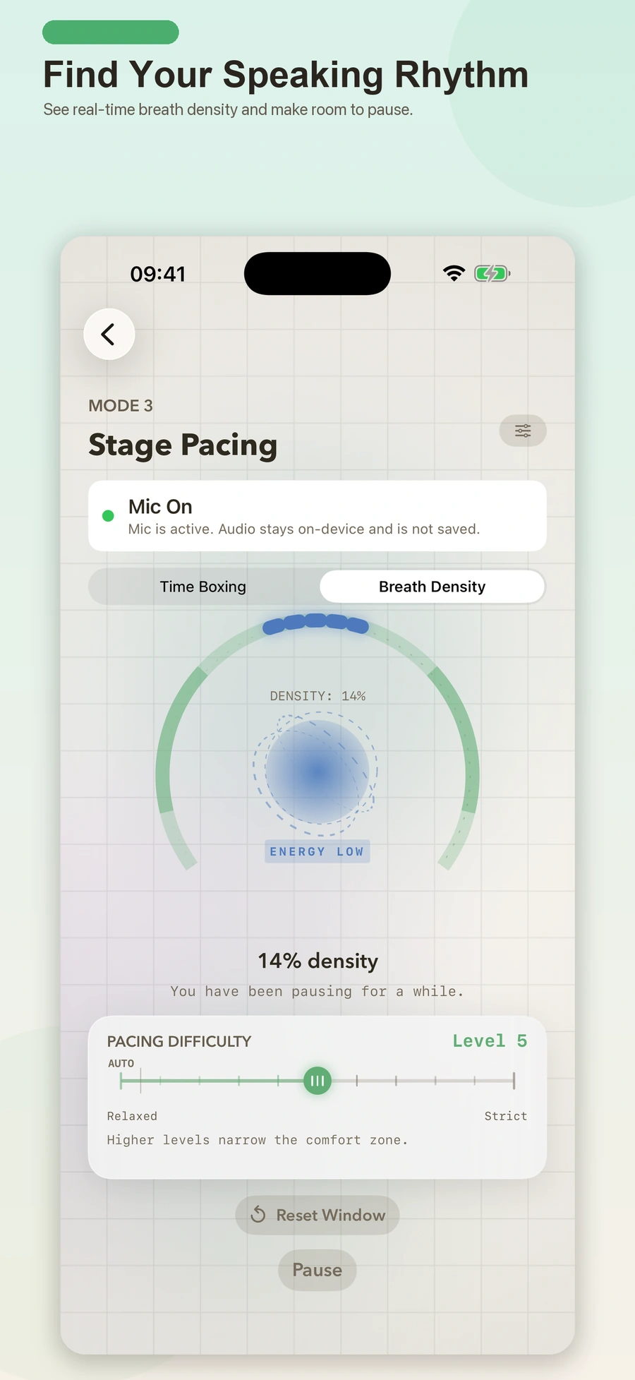 TalkMirror Stage Pacing Breath Density screen with a circular comfort zone and difficulty control