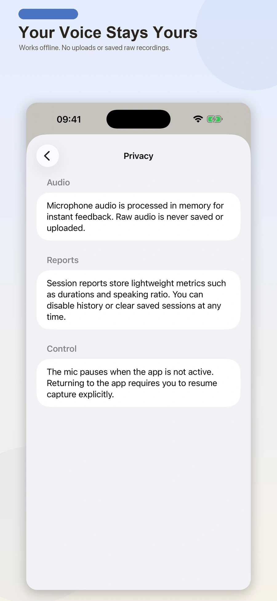 TalkMirror privacy artwork explaining private, on-device voice practice