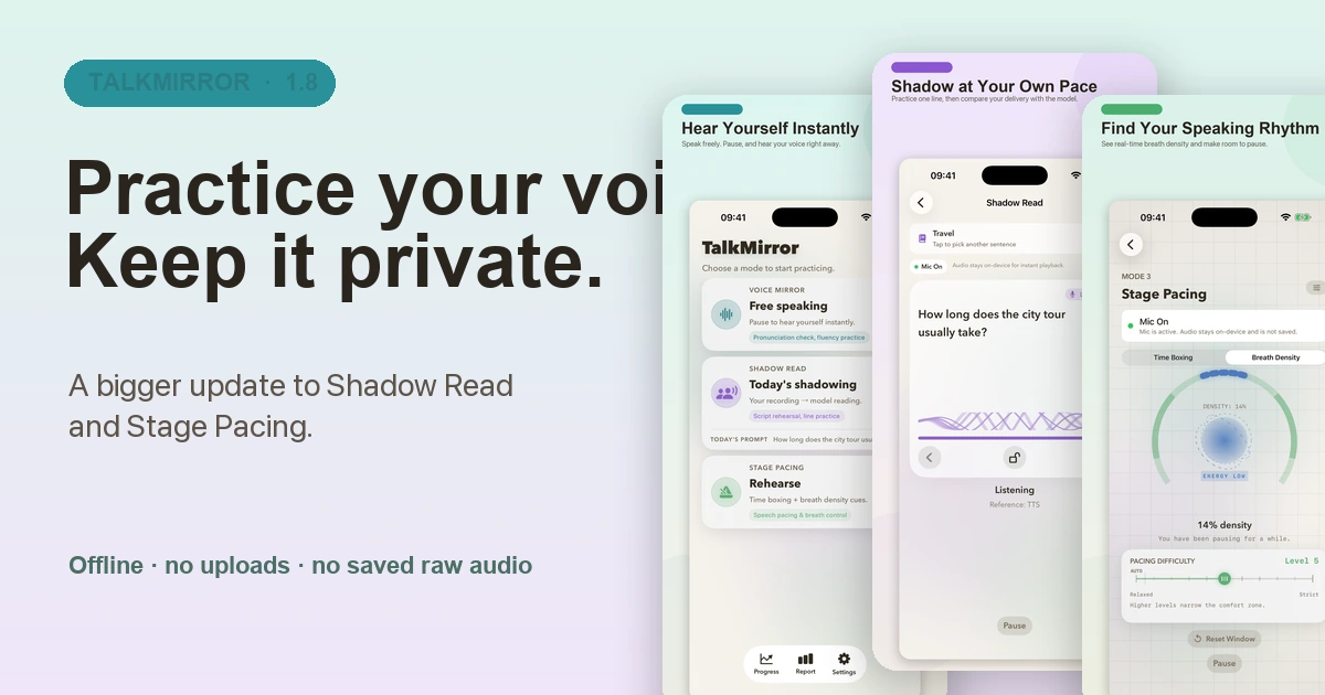 TalkMirror 1.8 on iPhone, showing free speaking, Shadow Read, and Stage Pacing