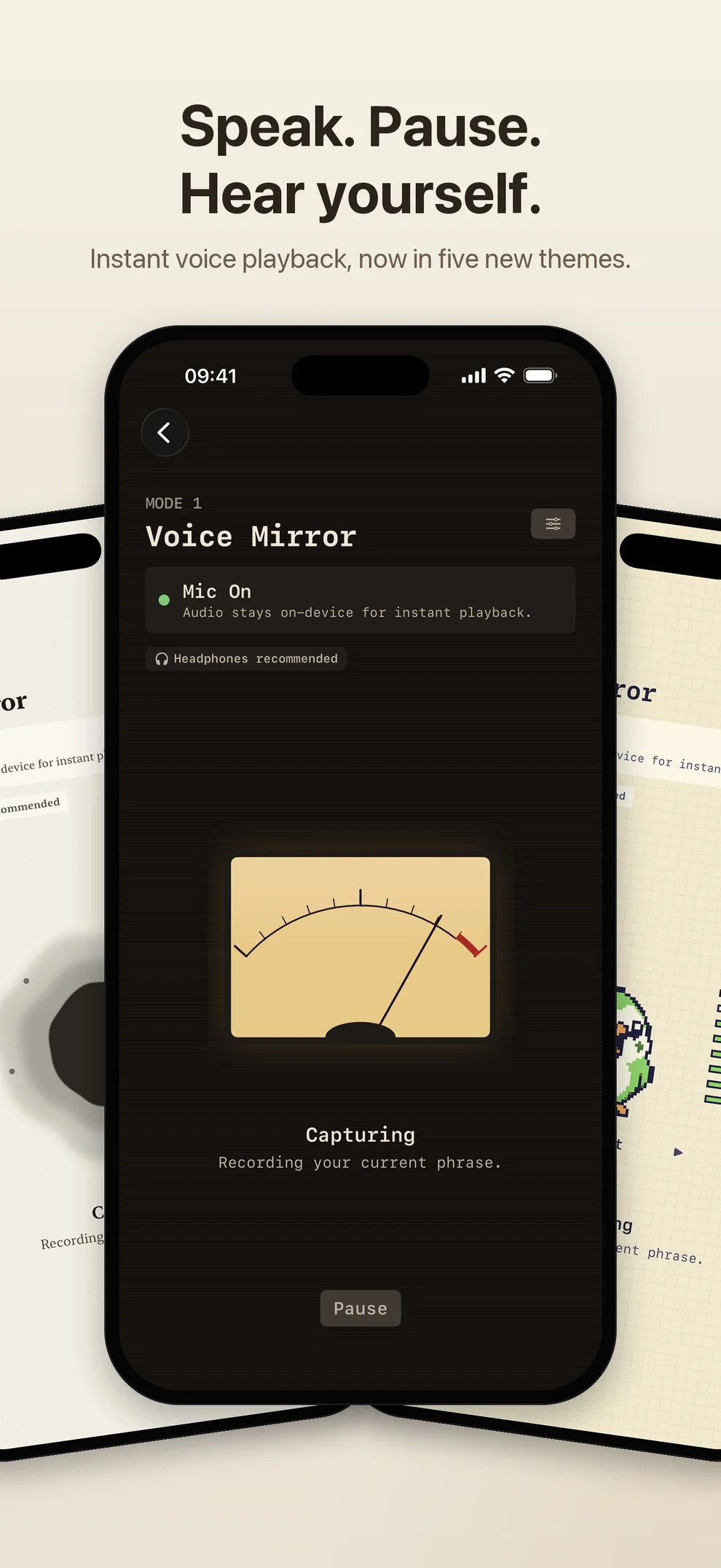 Voice Mirror in the Paper & Ink, Night Radio, and Pixel Arcade themes, each capturing a spoken phrase