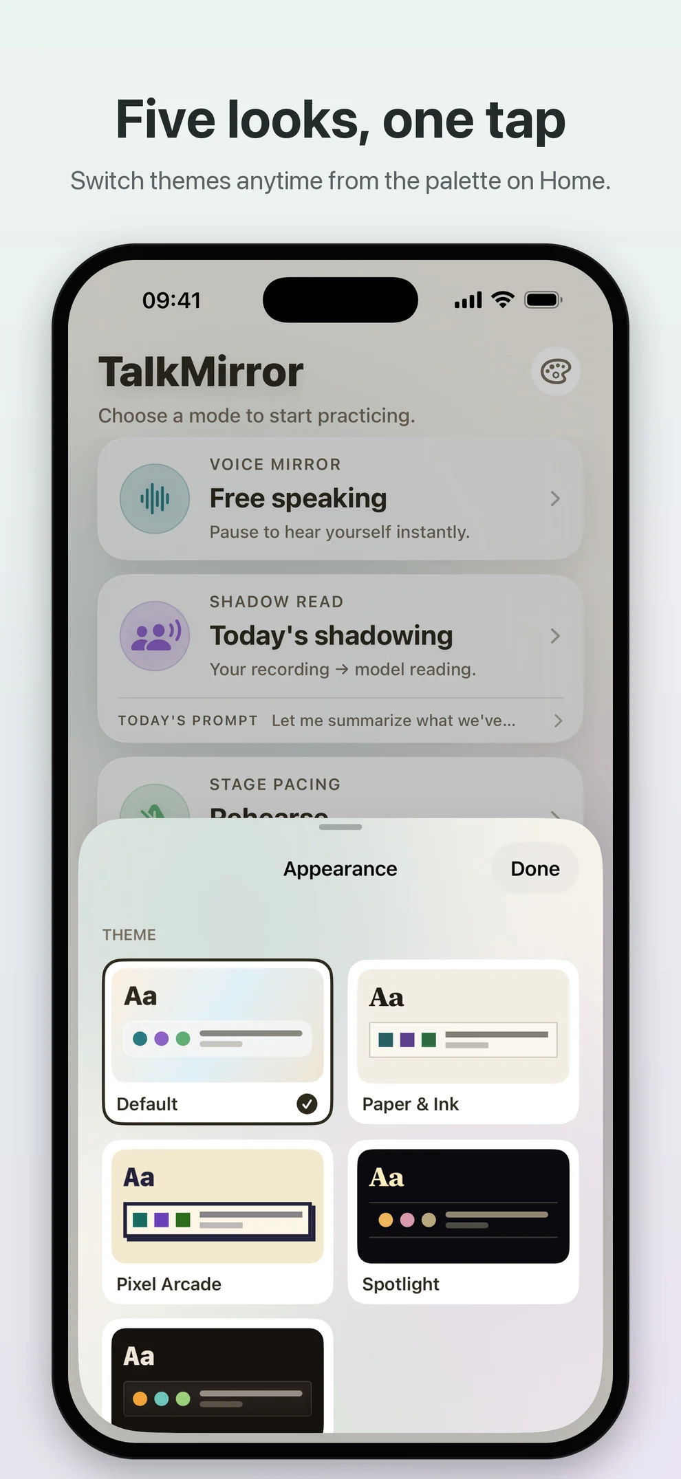TalkMirror home screen with the theme sheet open, showing the five theme previews