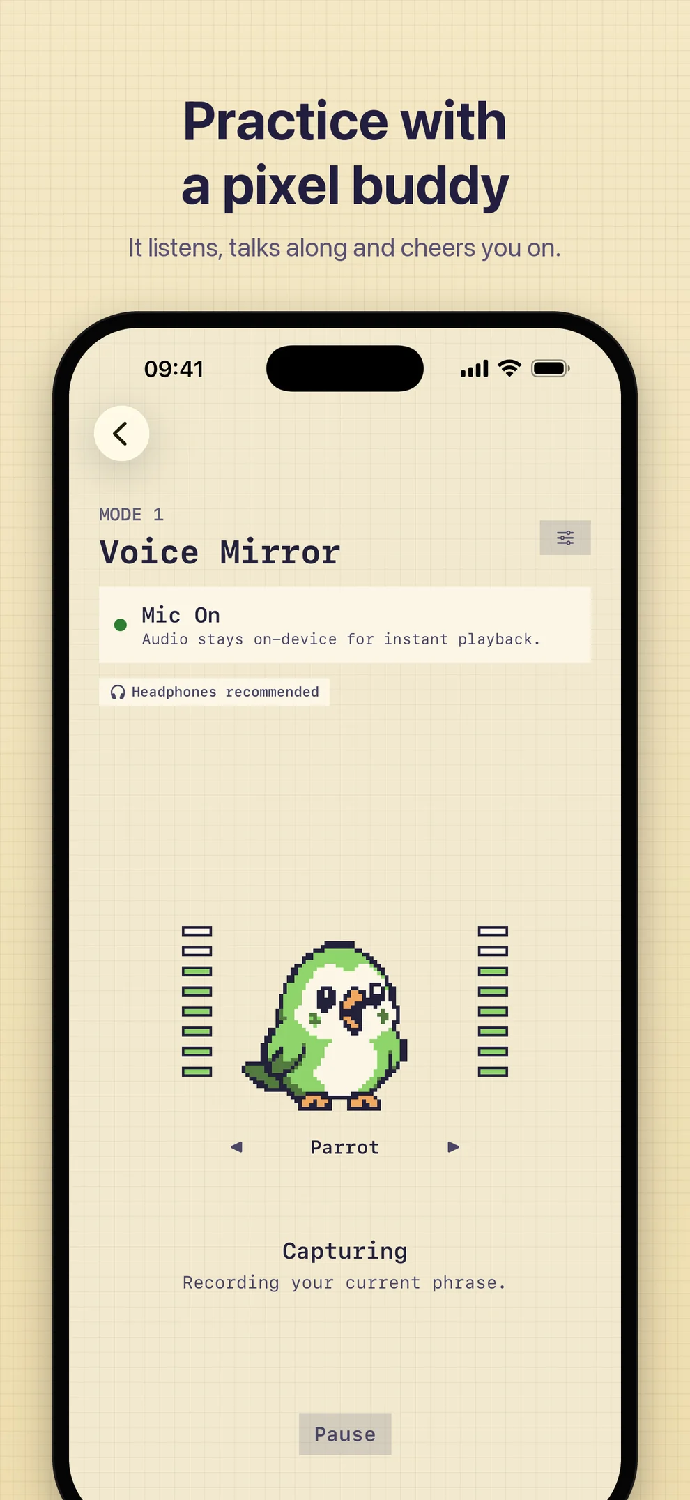 Pixel Arcade theme with the pixel parrot companion talking along while a phrase is captured