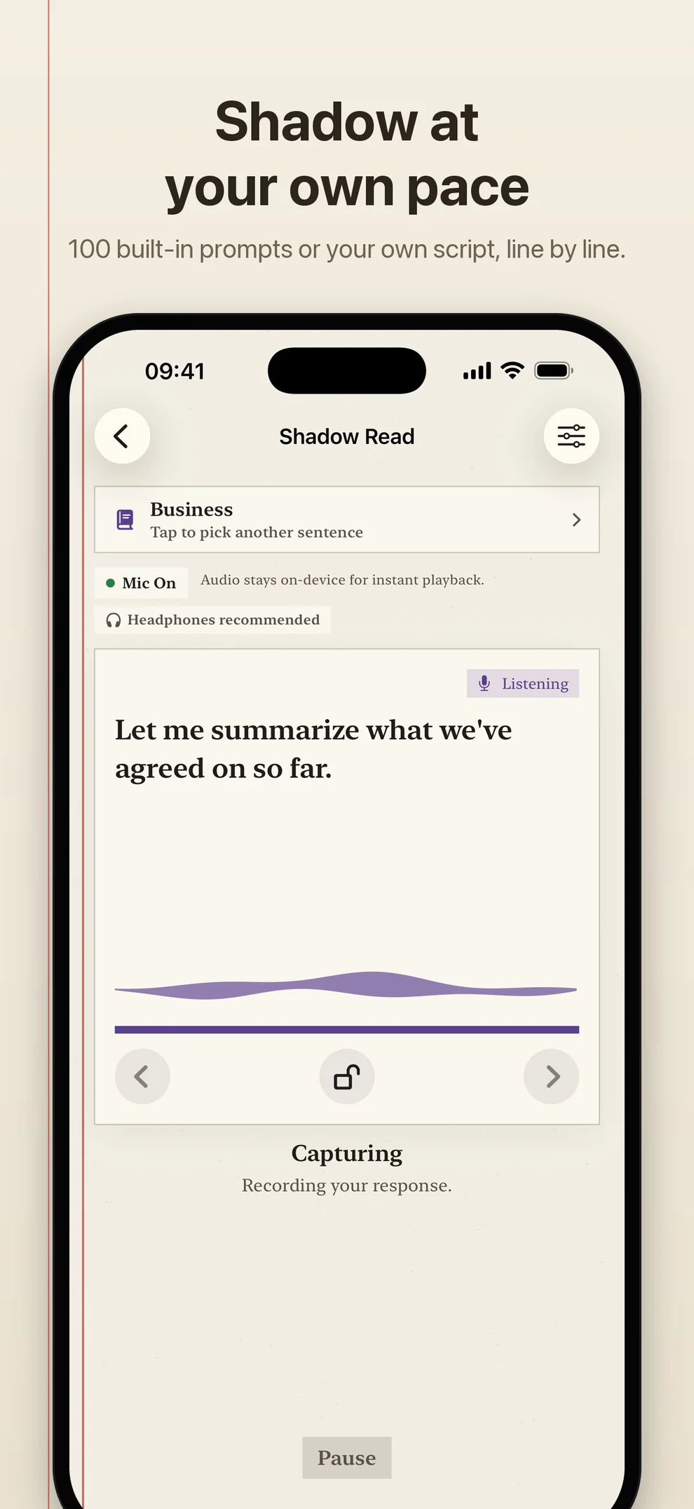 Shadow Read in the Paper & Ink theme, capturing a built-in practice sentence