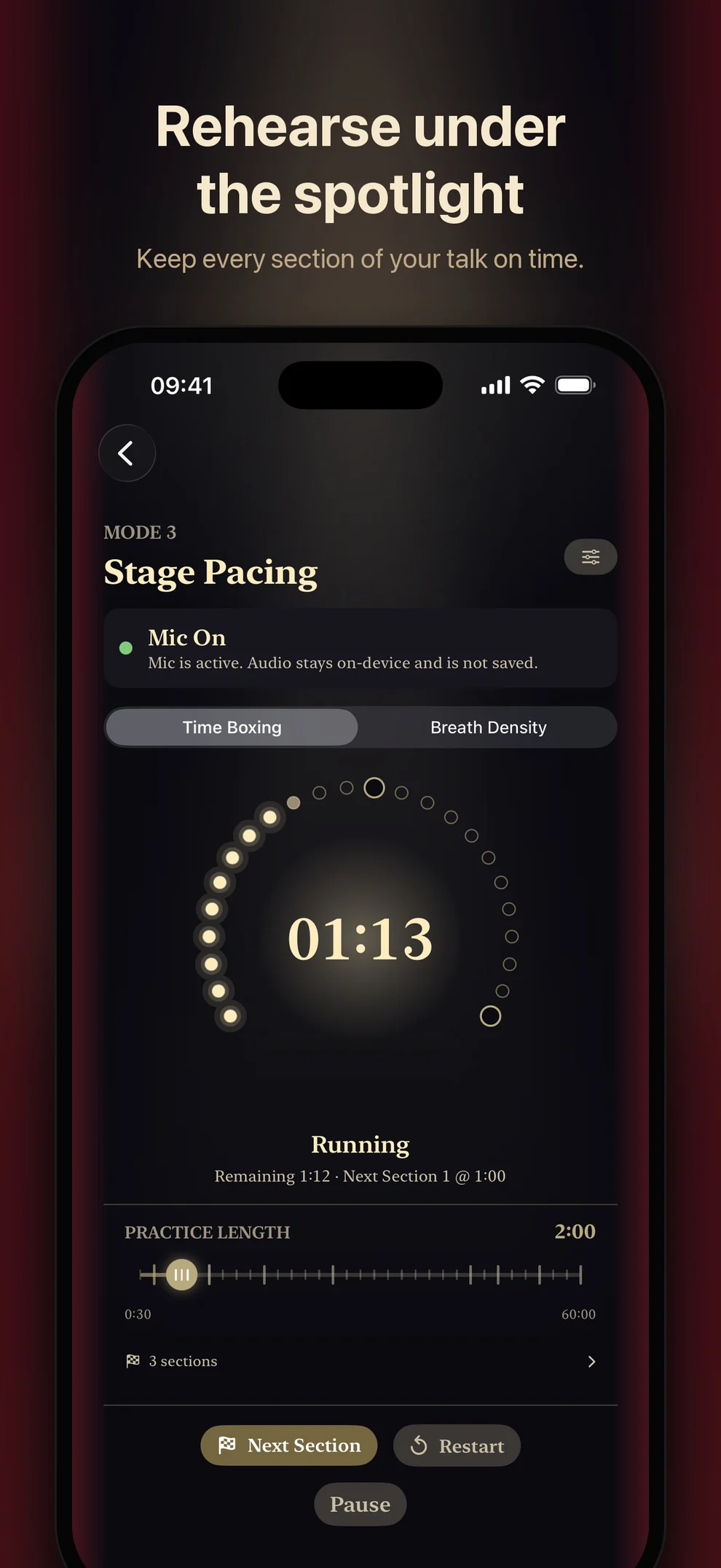 Stage Pacing Time Boxing in the Spotlight theme, with footlights marking the elapsed time