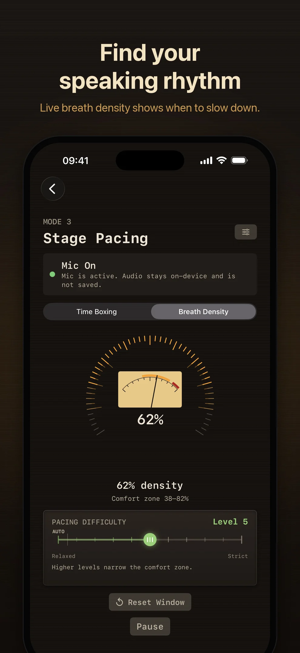 Stage Pacing Breath Density in the Night Radio theme, with a VU meter showing 62% density inside the comfort zone