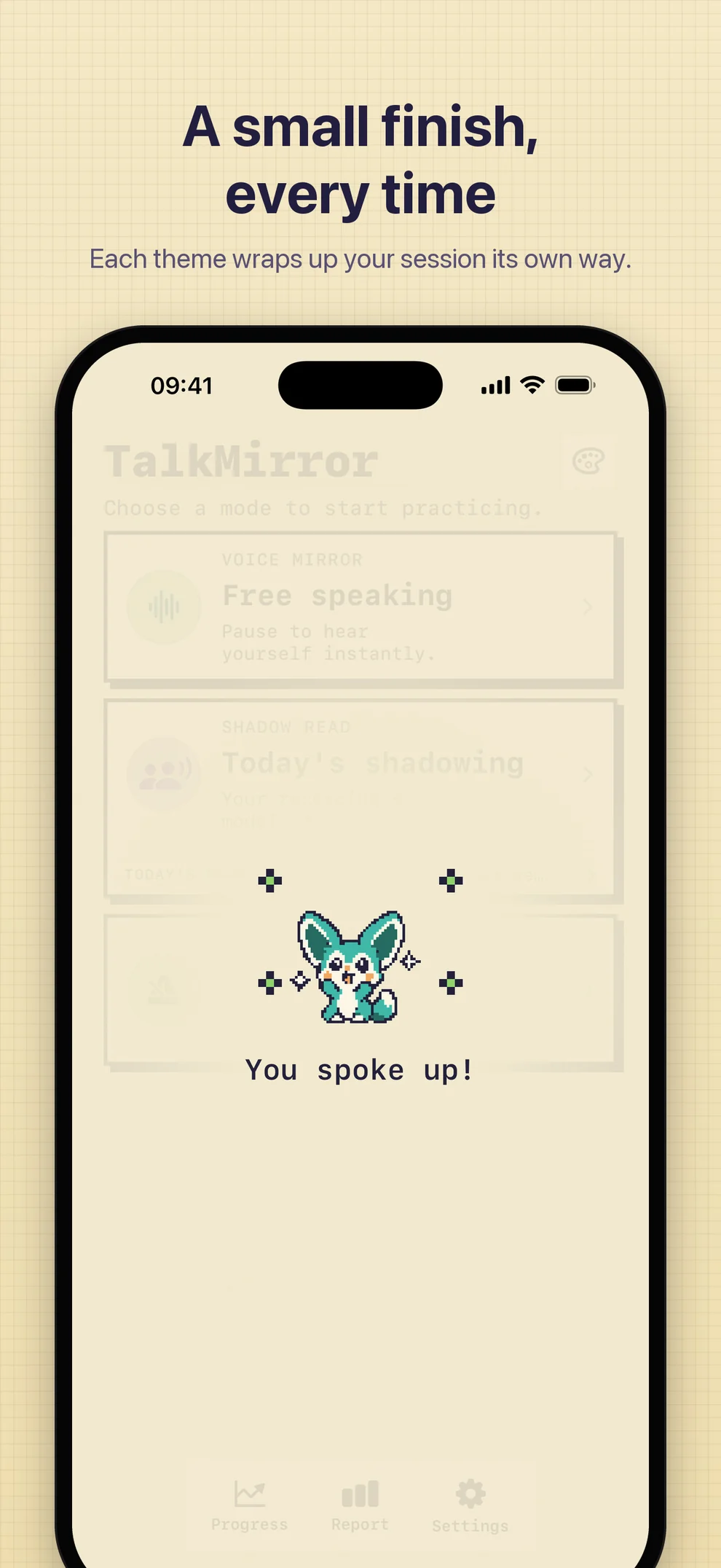 End-of-practice finish on the Pixel Arcade home screen, with the fennec companion cheering