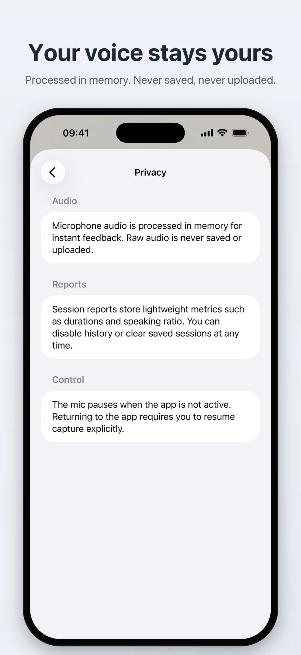 TalkMirror privacy details: audio processed in memory, never saved or uploaded