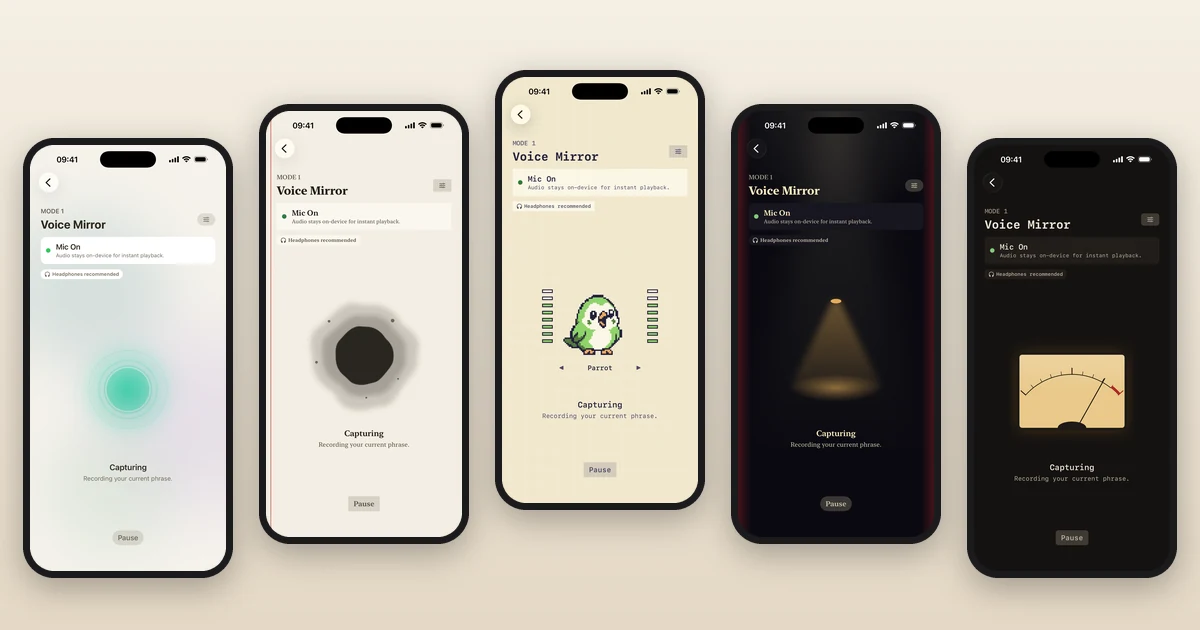 Voice Mirror capturing a phrase in each of the five themes, from Default to Night Radio