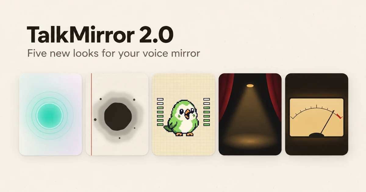 TalkMirror 2.0 with its five themes: Default, Paper & Ink, Pixel Arcade, Spotlight, and Night Radio