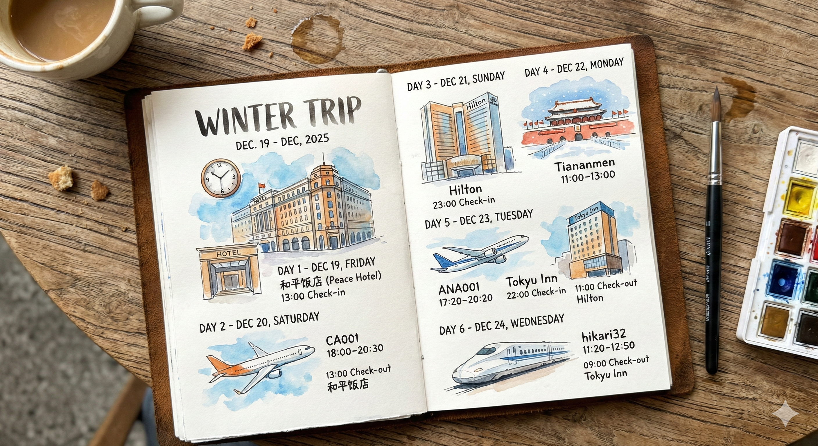 Watercolor style map generated from TravelBrain JSON