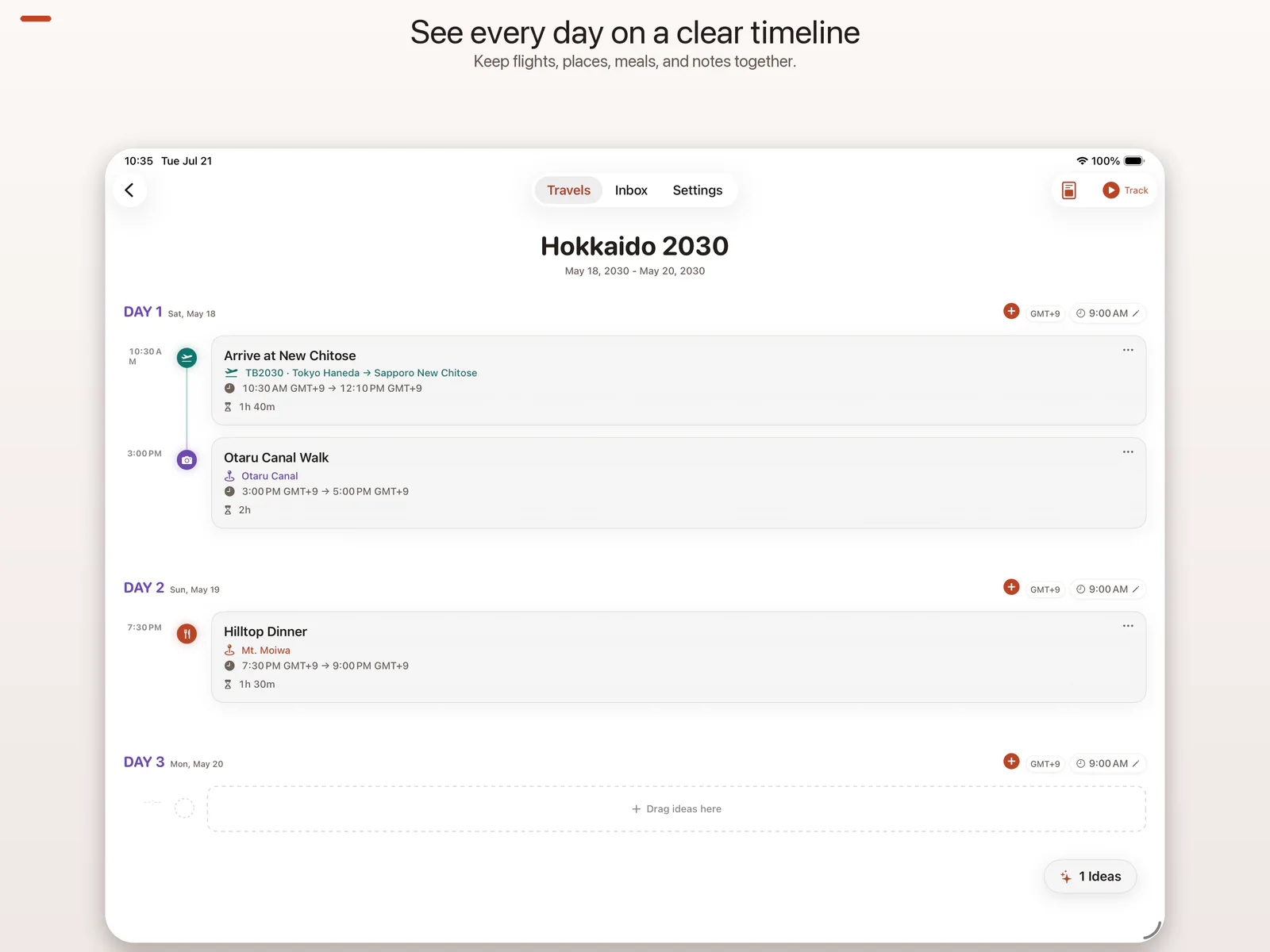 TravelBrain uses a full-width adaptive iPad timeline while keeping Travels, Inbox, and Settings in a familiar top tab control