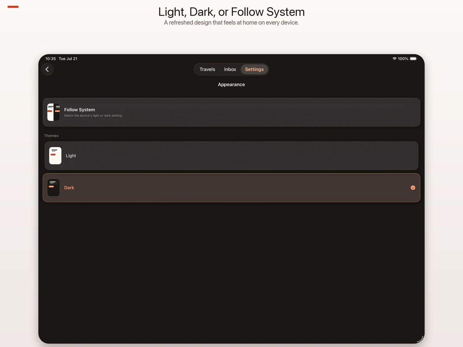 TravelBrain Appearance settings on iPad with Follow System, Light, and Dark options, shown in the Dark appearance
