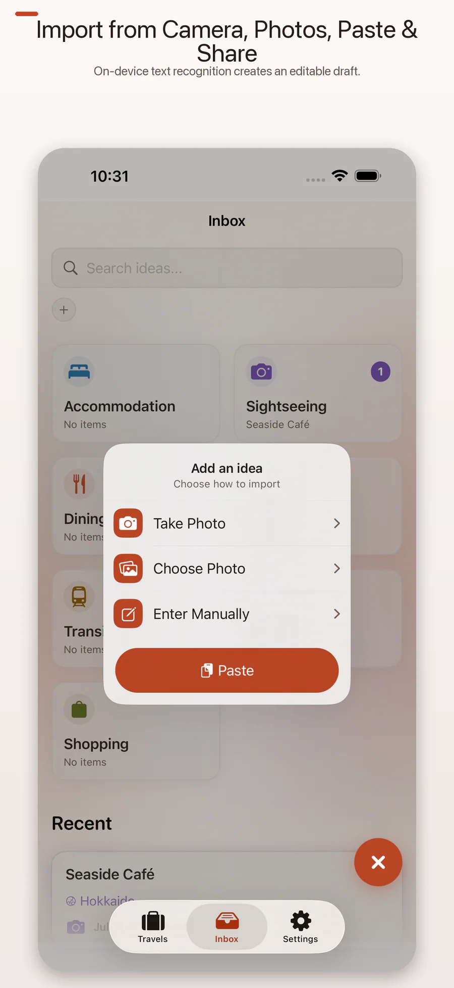 TravelBrain Smart Import menu on iPhone with Take Photo, Choose Photo, manual entry, and Paste options