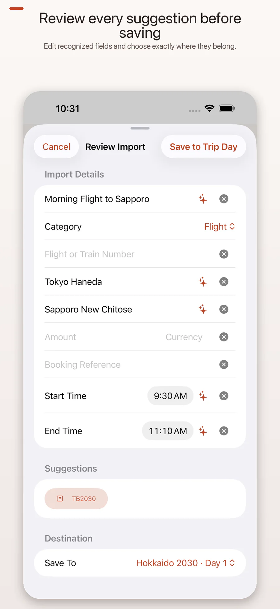 TravelBrain Review Import screen on iPhone with editable flight details and empty amount and booking-reference fields