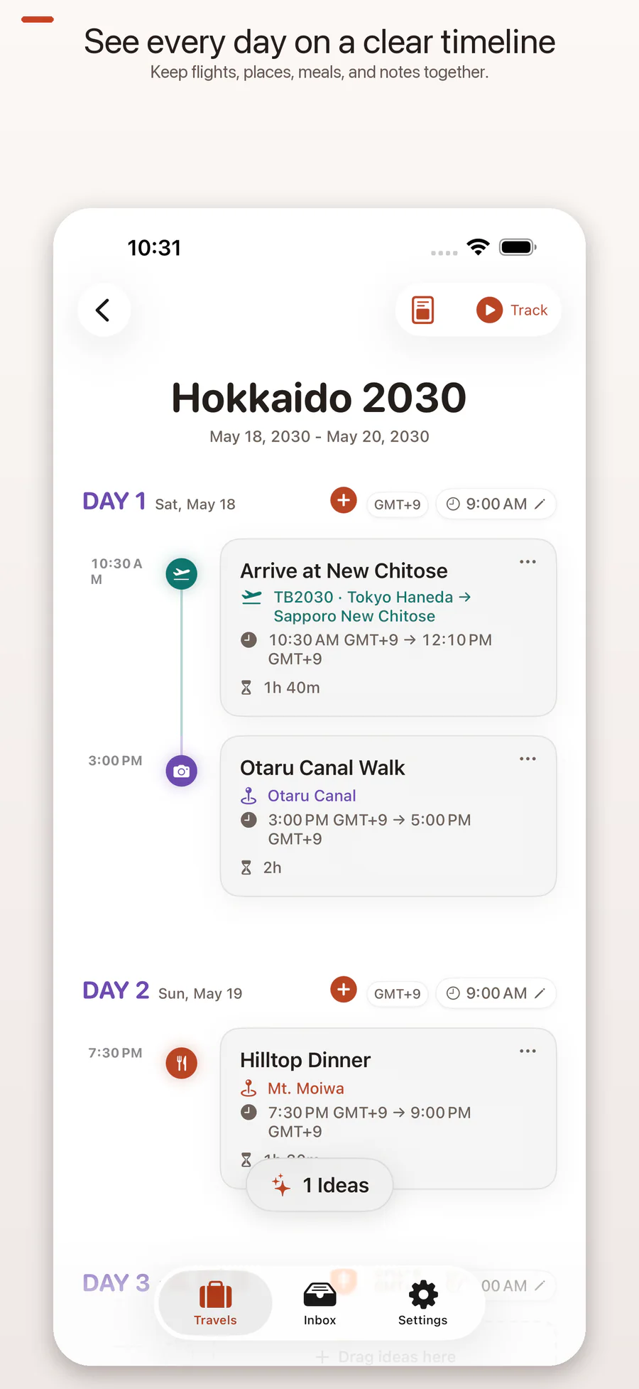 TravelBrain trip timeline on iPhone for a fictional Hokkaido 2030 itinerary