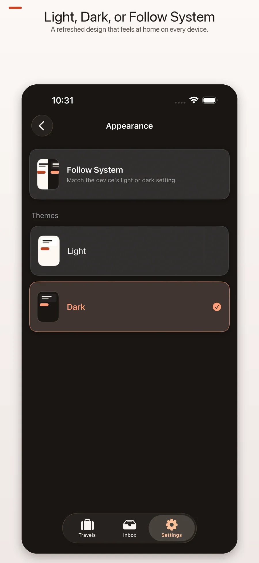 TravelBrain Appearance settings on iPhone with Follow System, Light, and Dark options