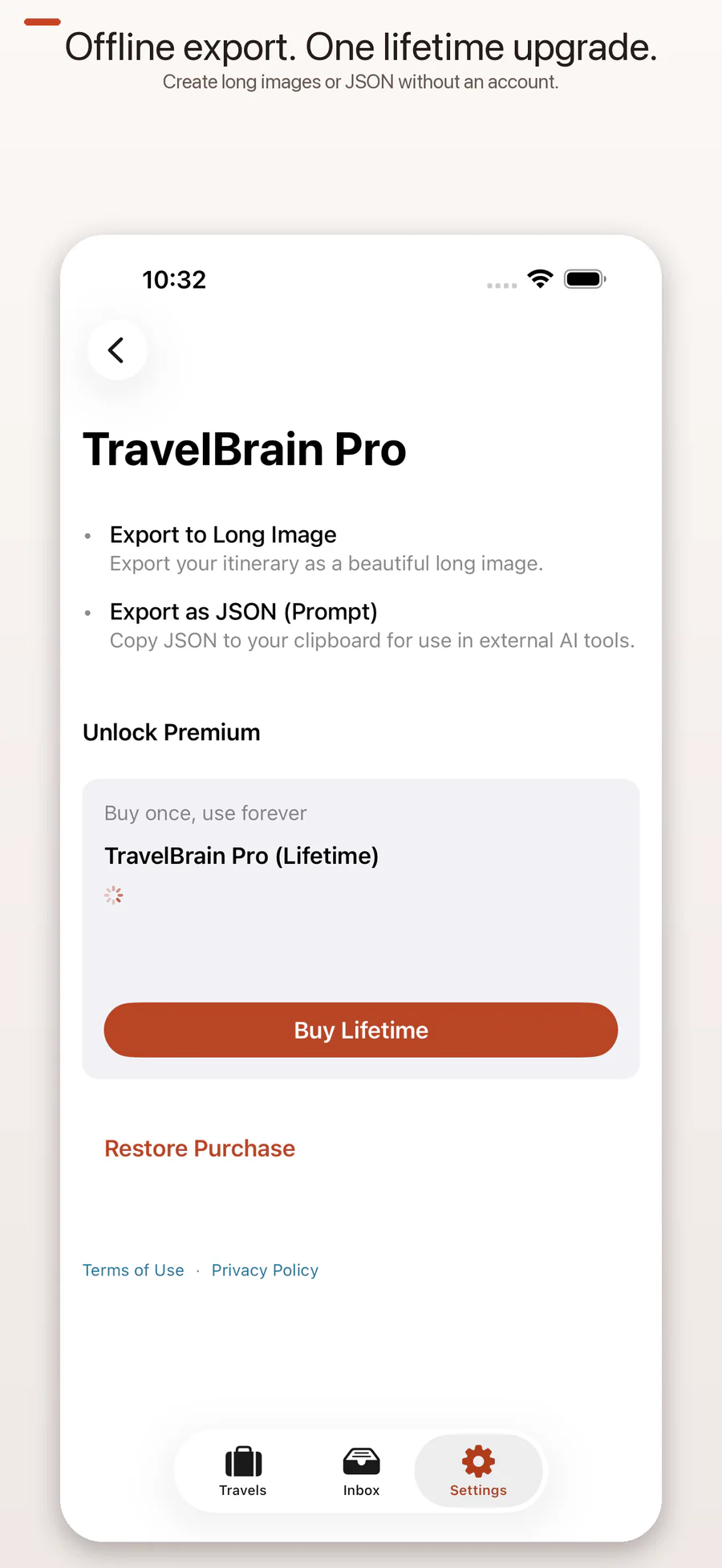 TravelBrain Pro screen on iPhone showing long-image and JSON exports with a lifetime purchase